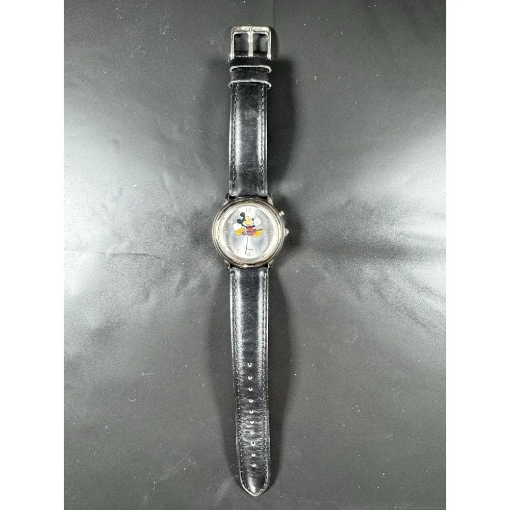 Disney Mickey Mouse Musical Quartz Watch MU0319 Silver Tone Black Leather Band